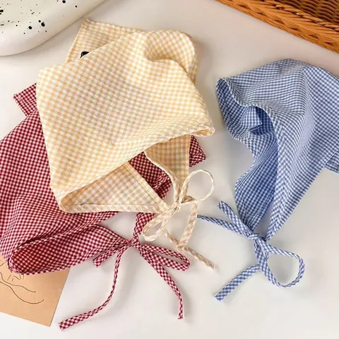 Bandana Gingham Stile Pastorale Francese per Donna Tessuto Quadretti Triangolo Foulard Vintage Foulard per Capelli Accessorio