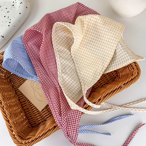 Bandana Gingham Stile Pastorale Francese per Donna Tessuto Quadretti Triangolo Foulard Vintage Foulard per Capelli Accessorio