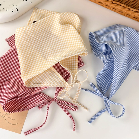 French Pastoral Gingham Bandana For Women Fabric Checkered Triangle Headscarf Vintage Hair Kerchief Lace Up Headwrap Accessory