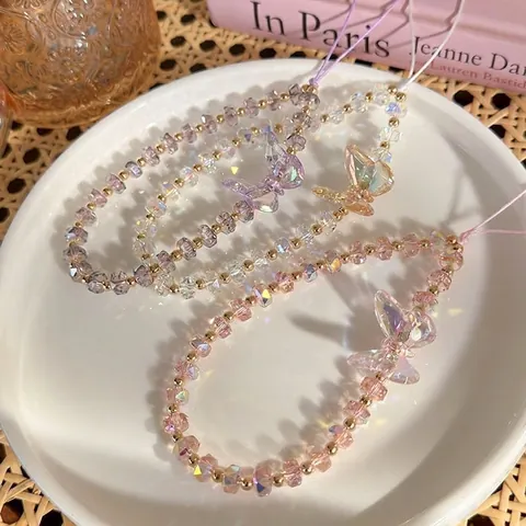 Mode Schmetterling Kristall Perlen Handy Lanyard Schillernde Glasperlen Handschlaufe Für Handy Damen Mädchen Dekor