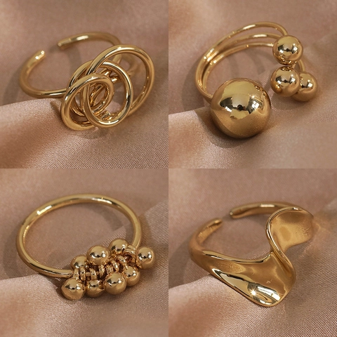 Gold Plated Copper Open Adjustable Rings For Women Minimalist Geometric Metal Plain Finger Jewelry Retro Wave Braided Design Ring