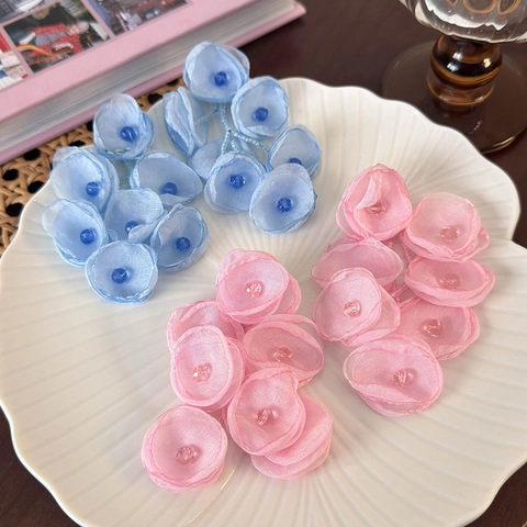 Elegante Bloem Hangende Oorbellen Met Organza Stof Bloem En Kralen Voor Vrouwen Vakantiestijl Handgemaakte Sieraden
