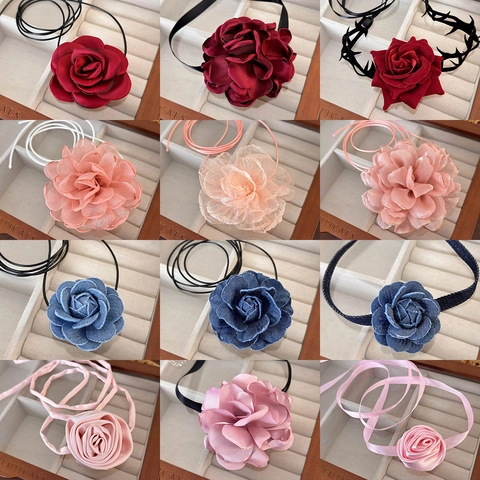 Handgefertigte Stoff Blume Halsreif Halskette Für Damen Vintage Satin Denim Floral Halskette Süße Spitze Ribbon Choker Schmuck