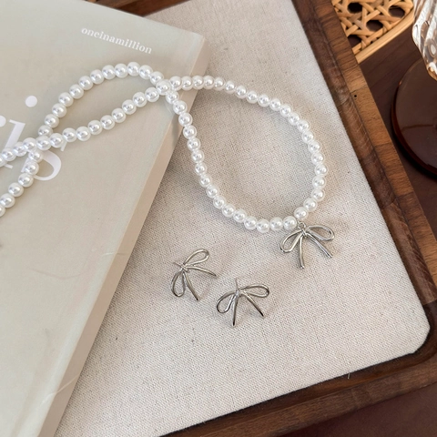 Elegante Collana Di Künstliche Perle E Orecchini A Bottone Con Fiocco Per Donna Gioielli In Lega Tono Argento Per Festa Quotidiano