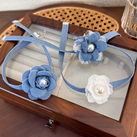 Vintage Denim Flower Choker Necklace With Artificial Pearl Lace Floral Women Neck Strap Sweet Denim Fabric Clavicle Chain Jewelry