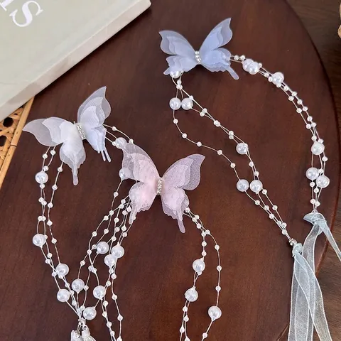 Eleganter Schmetterling Künstliche Perle Band Halskette Romantische Stoff Gaze Quaste Schlüsselbeinkette Vielseitiges Fairy Haarband Accessoire Für Damen Hochzeit Party