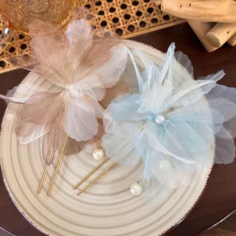 Horquilla de Pelo Vintage Estilo Chino Flor de Gasa 3D Con Borla de Perlas Elegante Pasador en Forma de U Hecho a Mano para Mujer