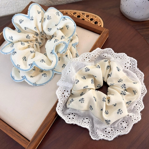 Chouchou En Tissu À Motif Floral Vintage Pour Femmes Filles Crème Douce Bord Brodé Festonné Grand Élastique À Cheveux Accessoire De Coiffure