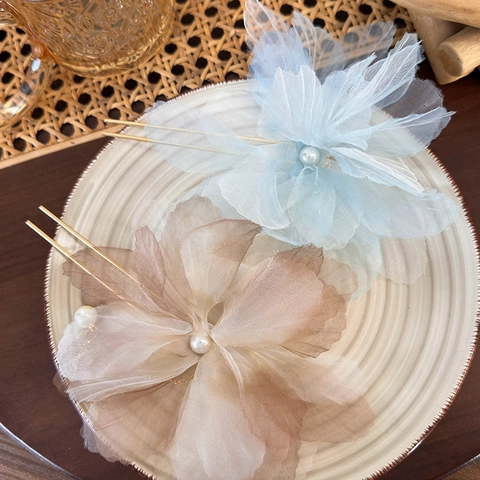 Horquilla de Pelo Vintage Estilo Chino Flor de Gasa 3D Con Borla de Perlas Elegante Pasador en Forma de U Hecho a Mano para Mujer