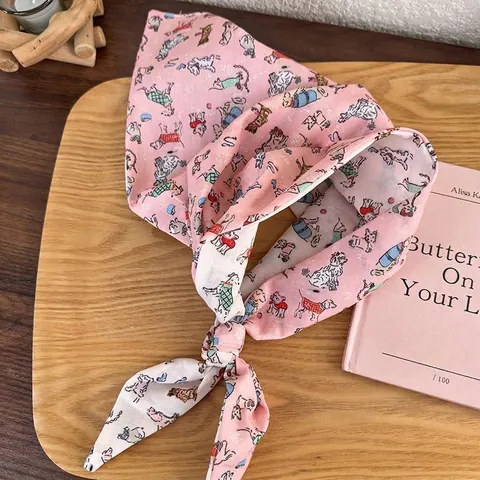 Cute Cartoon Dog Print Double-Sided Head Scarf For Women Japanese Style Sun Protection Polyester Triangle Bandana Hair Band Accessory