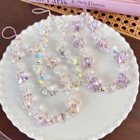 Iridescent 3D Butterfly Beaded Phone Charm Resin Butterfly Anti-Lost Wrist Strap Fashion Phone Lanyard For Women Girl Accessory