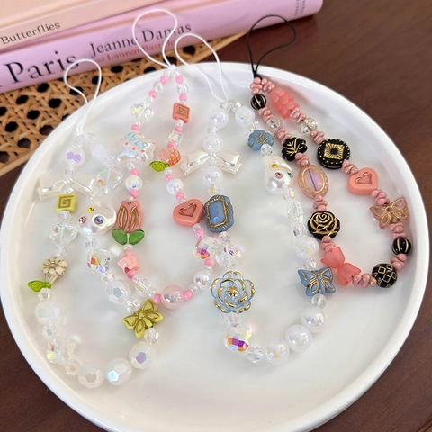 Handmade Colorful Beaded Phone Charm Flower Butterfly Heart Pattern Resin Artificial Pearl Phone Lanyard Wristlet For Women