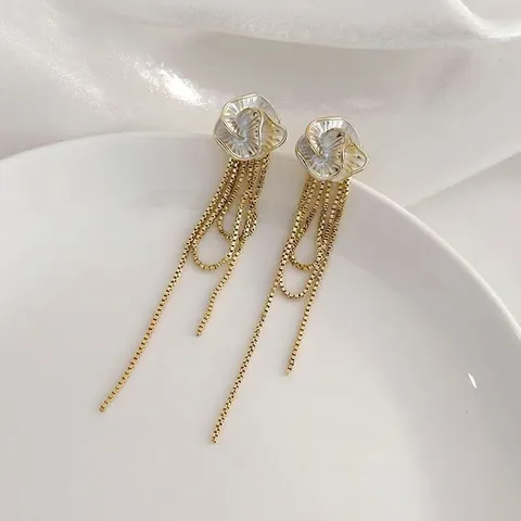 Franse Camellia Bloem Kwastje Oorbellen Voor Vrouwen Elegante Gouden Legering Kunstparel Lange Drop Temperament Sieraden Cadeau