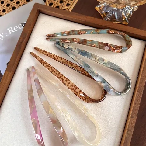 Vintage Acetate U-Shaped Hair Fork Minimalist Marble Tortoise Shell Hair Stick For Women Daily Commute Hair Accessories