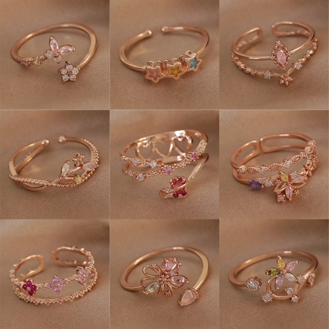 Dainty Copper Zircon Open Ring For Women Adjustable Geometric Heart Flower Butterfly Wave Bow Finger Ring Jewelry Gift