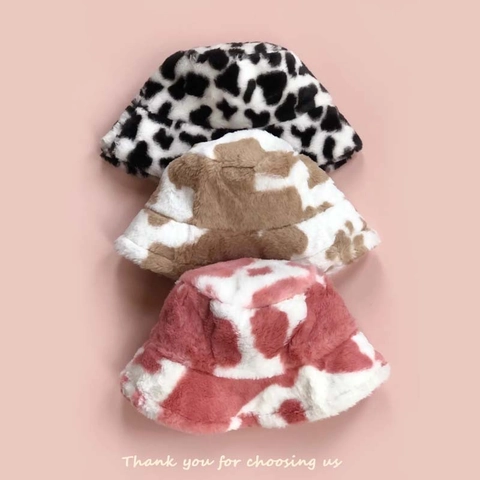 Cappello da Pescatore da Donna in Peluche con Stampa a Mucca Invernale Caldo Retrò Accessori Moda