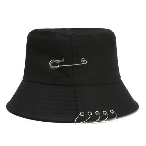 Punk Style Cotton Bucket Hat With Metal Rings And Safety Pin Decoration Harajuku Streetwear Sun Hat For Men Women
