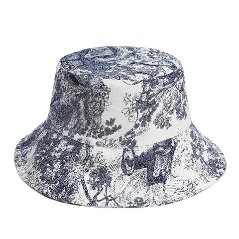 Damen Vintage Toile-De-Jouy Druck Anglerhut Baumwolle Breite Krempe Sonnenschutz Outdoor Flacher Deckel Fischerhut Mode Kopfbedeckung