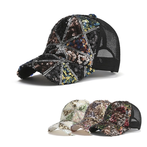 Berretto da Baseball alla Moda con Patchwork di Paillettes Rete Traspirante Posteriore Protezione Solare Trucker Hat Unisex