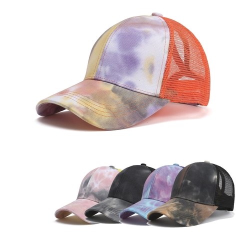 Berretto da Baseball Tie Dye Sfumato Traspirante a Rete Cappello Trucker Foro per Coda di Cavallo Streetwear Regolabile Estate