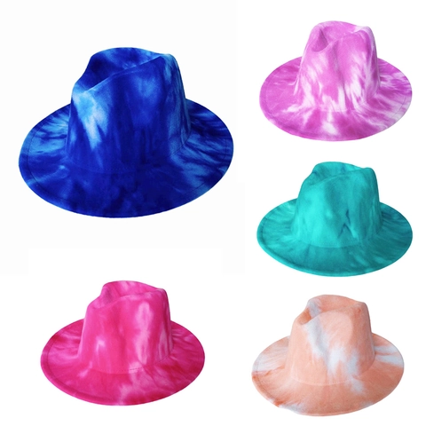 Vintage Tie Dye Fedora Hat Unisex Wide Brim Cotton Polyester Felt Jazz Cap Fashion British Style Autumn Winter Sun Hat