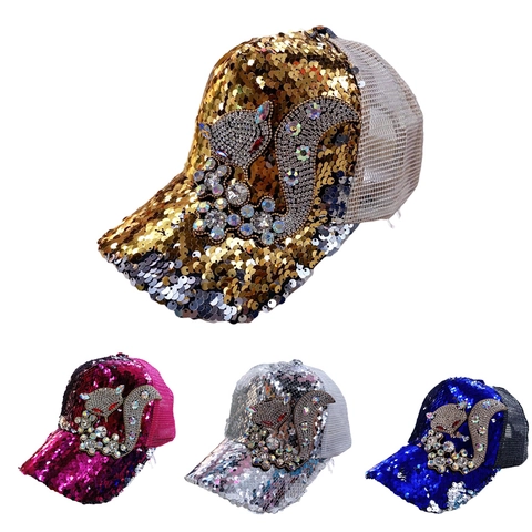 Berretto da Baseball Donna con Paillettes Scintillanti e Volpe in Strass Cappello Trucker in Rete Traspirante Protezione Solare