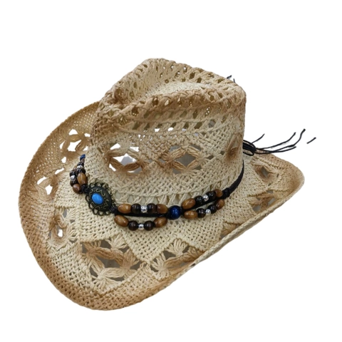 Western Cowboy Straw Hat Paper Straw Hollow Weave Sun Hat With Beaded Band Turquoise Decor For Summer Beach Travel Unisex