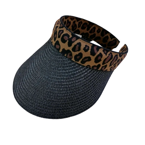 Dames Stro Visor Zonnehoed Met Luipaardprint Elastische Band Brede Rand Ademende Strandpet Opvouwbaar Outdoor Reis Hoofddeksel