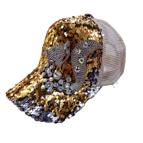 Berretto da Baseball Donna con Paillettes Scintillanti e Volpe in Strass Cappello Trucker in Rete Traspirante Protezione Solare