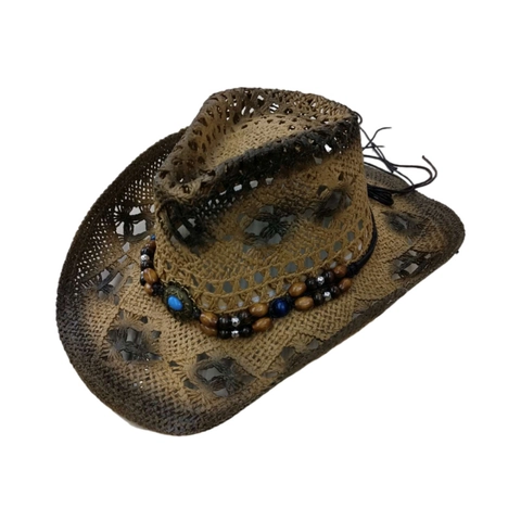 Western Cowboy Straw Hat Paper Straw Hollow Weave Sun Hat With Beaded Band Turquoise Decor For Summer Beach Travel Unisex