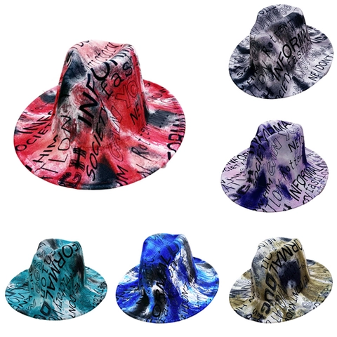 Street Graffiti Tie Dye Wide Brim Fedora Hat Vintage Jazz Cap Cotton Felt Hat For Men Women Fashion Outdoor Accessories