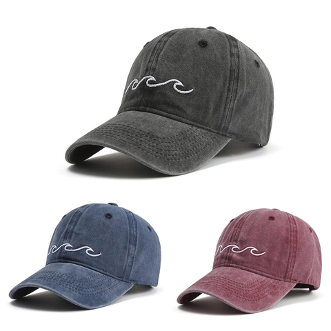 Vintage Washed Polyester Baseball Cap For Men Women Adjustable Sun Hat With Wave Embroidery Retro Distressed Outdoor Sport Cap