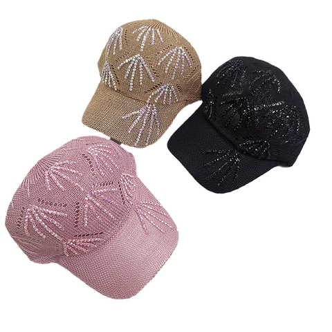 Berretto da Baseball in Maglia da Donna Traspirante Traforato Cappello da Sole con Motivo a Foglia di Strass Moda Estiva Regolabile