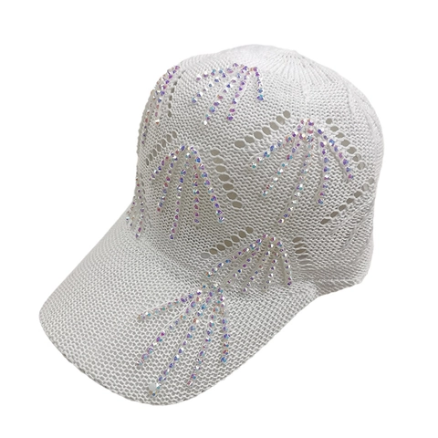 Berretto da Baseball in Maglia da Donna Traspirante Traforato Cappello da Sole con Motivo a Foglia di Strass Moda Estiva Regolabile