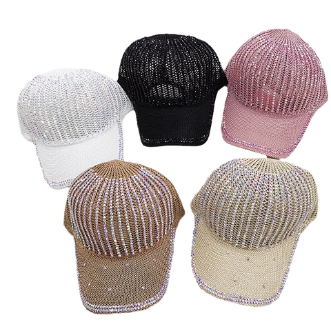 Women's Summer Breathable Mesh Knitted Baseball Cap With Sparkling Rhinestones Adjustable Outdoor Fashion Sun Hat