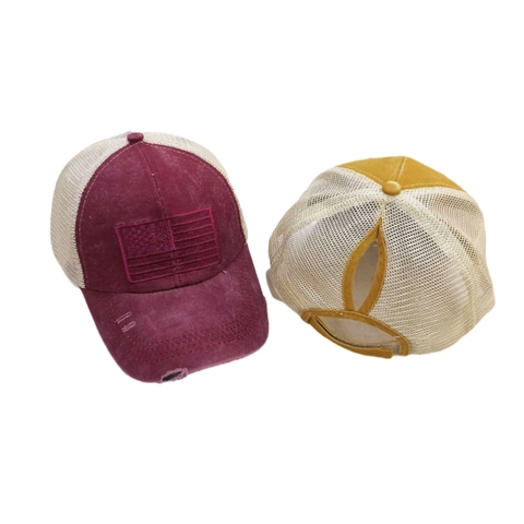 Gorra Trucker de Algodón Lavado para Mujer Bandera de EE. UU. Vintage Bordado de Malla con Agujero de Coleta Gorra de Béisbol Exterior