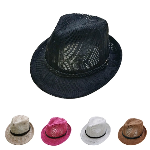 Cappello Fedora Intrecciato Traforato Estivo per Uomo Donna Protezione Solare Traspirante Cappello Jazz Casual Spiaggia