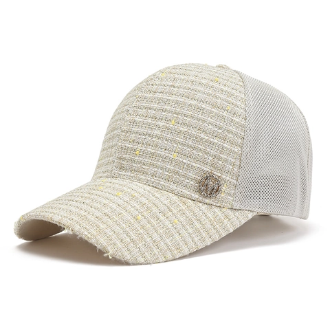 Berretto da Baseball in Tweed e Rete da Donna Traspirante Protezione Solare Con Decorazione in Metallo e Strass Berretto Moda