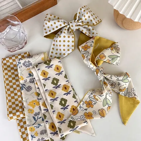 French Style Floral Plaid Polka Dot Satin Satin Skinny Scarf For Women Hair Band Bag Decor Headband Fashion Accessories