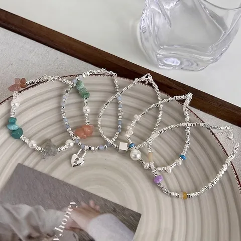 Bracciale Di Perline In Rame Vintage Con Perla D'acqua Dolce Pietra Colorata Ciondolo A Cuore Catena Regolabile Gioielli Da Donna