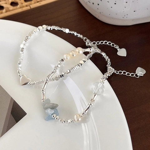 Pulsera de Cuentas de Hematita de Color Plata Vintage Para Mujer Colgante de Corazón con Perla Artificial Joyería Estética