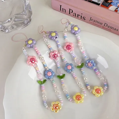 Colgante de Cadena para Teléfono Móvil con Cuentas de Flores de Tulipán Estilo INS Dulce Color Macaron de Acrílico Hecho a Mano para Mujer