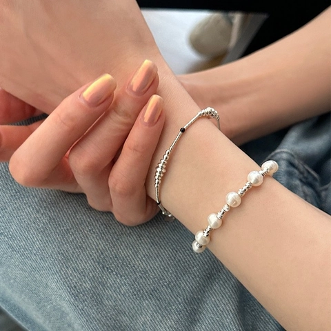 Vintage Silver Color Copper Beaded Bracelet With Artificial Pearls Minimalist Niche Design Heart Pendant Adjustable Bracelet For Women