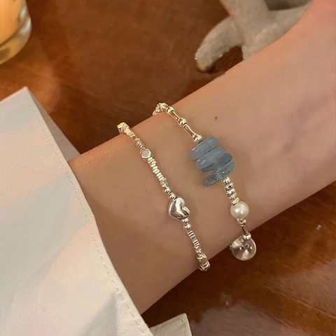 Pulsera de Cuentas de Hematita de Color Plata Vintage Para Mujer Colgante de Corazón con Perla Artificial Joyería Estética