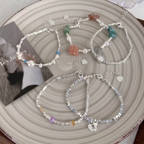 Bracciale Di Perline In Rame Vintage Con Perla D'acqua Dolce Pietra Colorata Ciondolo A Cuore Catena Regolabile Gioielli Da Donna