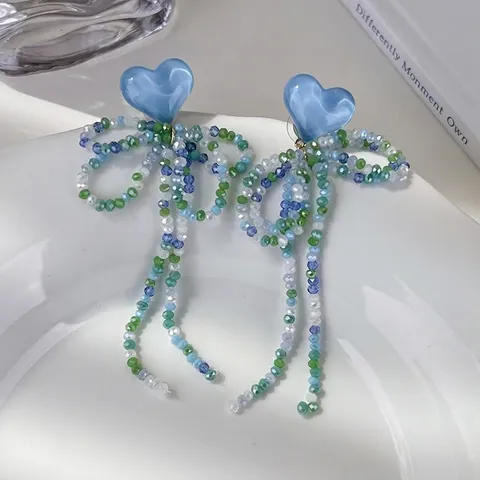 Orecchini Esagerati a Nappa con Fiocco a Cuore Blu per Donna Estate Soda al Sale Marino Freschi Fatti a Mano Pendenti