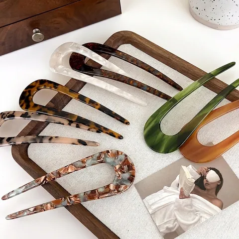 Acetate U-Shaped Hair Stick French Retro Marble Tortoiseshell Hair Fork Minimalist Bun Updo Hair Accessories For Women Daily Styling