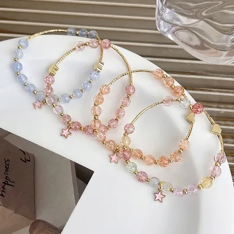 Süßes Mori-Stil Kristallperlen Armband Für Damen Mädchen Elegantes Herz Stern Anhänger Elastischer Berstperlen Schmuck Geschenk
