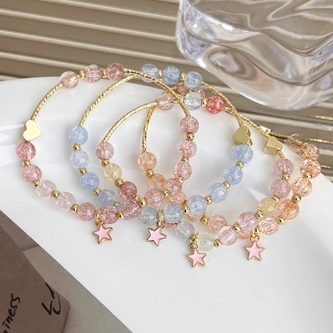 Süßes Mori-Stil Kristallperlen Armband Für Damen Mädchen Elegantes Herz Stern Anhänger Elastischer Berstperlen Schmuck Geschenk