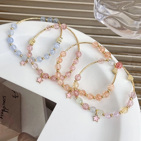 Sweet Mori Style Crystal Bead Bracelet For Women Girls Elegant Heart Star Pendant Elastic Burst Bead Jewelry Party Gift